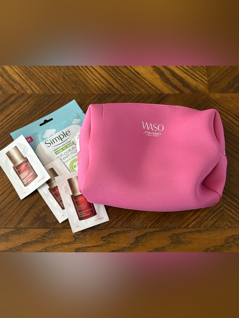 Shiseido Waso Cosmetic Bag with Clarins Samples & Simple Sheet Mask - NEW